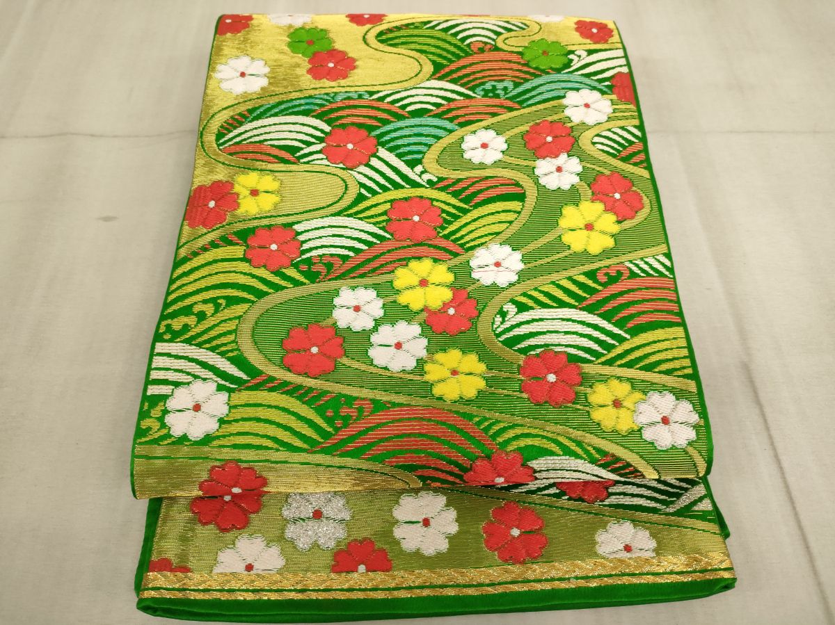 平和屋着物∵子供　全通柄袋帯　流水桜文　金銀糸　AABD1829ja