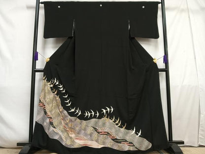 平和屋着物■豪華黒留袖 駒刺繍 飛鶴文 金銀彩 正絹 逸品 AABD2243oa