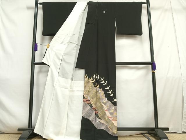 平和屋着物■豪華黒留袖 駒刺繍 飛鶴文 金銀彩 正絹 逸品 AABD2243oa