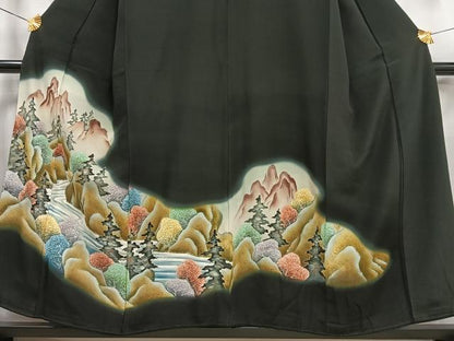 平和屋着物■豪華黒留袖　遠山樹林文　暈し染め　金糸　正絹　逸品　AABD2255oa