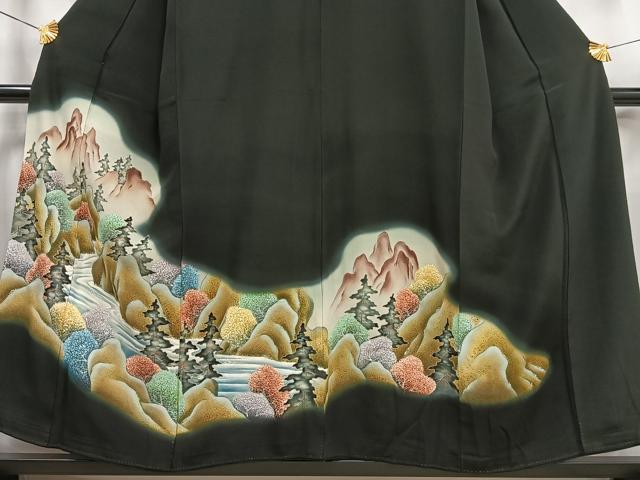 平和屋着物■豪華黒留袖　遠山樹林文　暈し染め　金糸　正絹　逸品　AABD2255oa