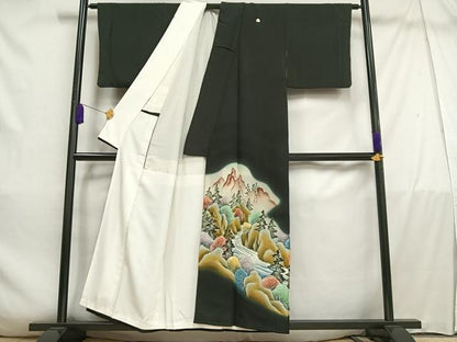平和屋着物■豪華黒留袖　遠山樹林文　暈し染め　金糸　正絹　逸品　AABD2255oa