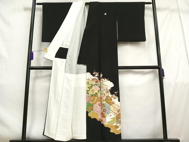 平和屋着物□豪華黒留袖 刺繍 花車文 金彩 金銀糸 正絹 逸品 AABD2299oa