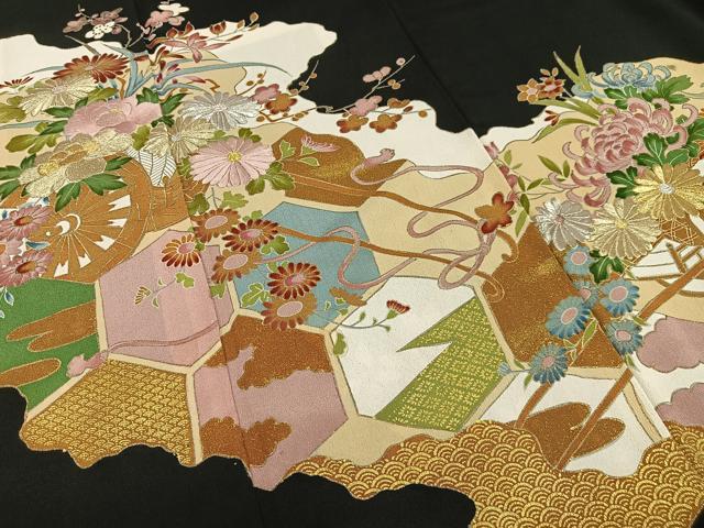 平和屋着物□豪華黒留袖 刺繍 花車文 金彩 金銀糸 正絹 逸品 AABD2299oa