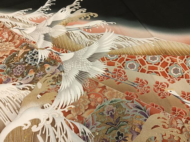 平和屋着物□豪華黒留袖 中国三大刺繍 相良刺繍 飛鶴花鳥