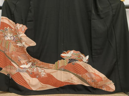 平和屋着物■豪華黒留袖 駒刺繍 扇面御所車飛鶴花文 金彩 正絹 逸品 AABD2318oa