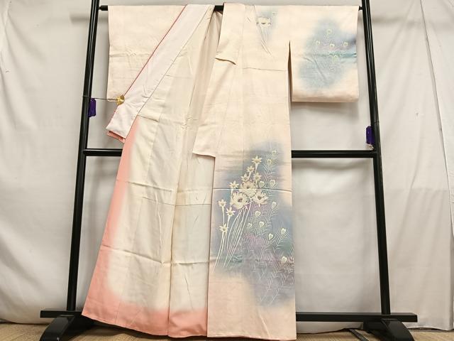 平和屋着物■訪問着　花孔雀羽文　暈し染め　金糸　正絹　逸品　AABD2435oa