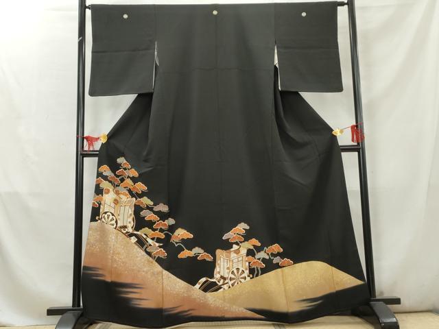 平和屋着物■豪華黒留袖　駒刺繍　御所車松文　金銀彩　正絹　逸品　AABD2520cs