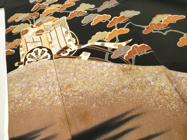 平和屋着物■豪華黒留袖　駒刺繍　御所車松文　金銀彩　正絹　逸品　AABD2520cs