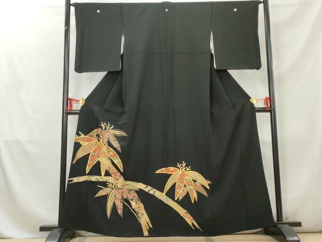 平和屋着物■豪華黒留袖　駒刺繍　笹竹花唐草文　金糸　正絹　逸品　AABD2524cs