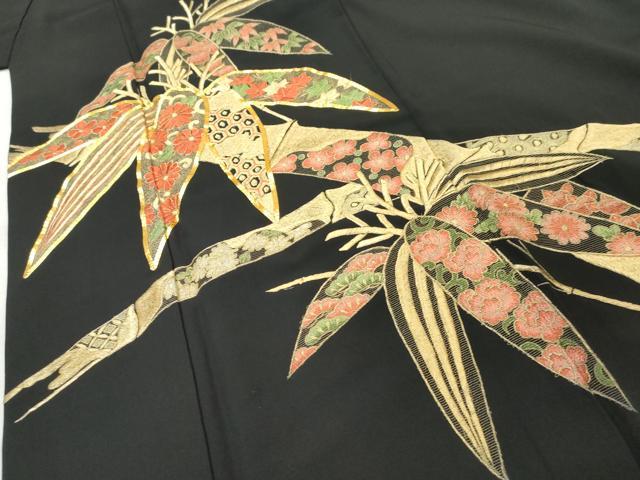 平和屋着物■豪華黒留袖　駒刺繍　笹竹花唐草文　金糸　正絹　逸品　AABD2524cs