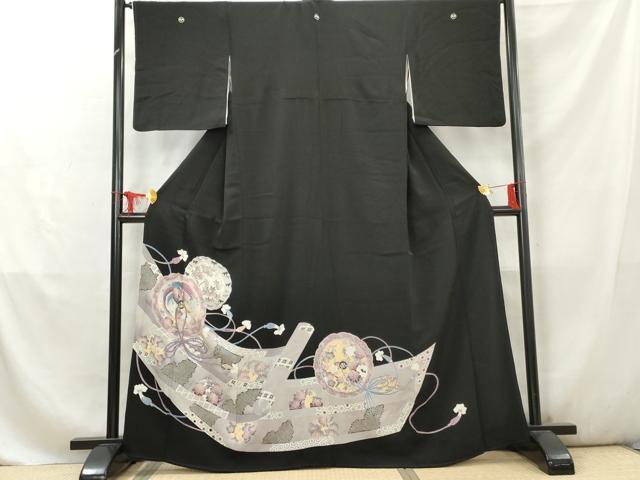 平和屋着物■豪華黒留袖 刺繍 鏡裏鳳凰花文 正絹 逸品 AABD2542cs