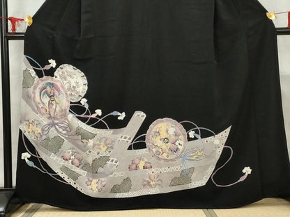平和屋着物■豪華黒留袖 刺繍 鏡裏鳳凰花文 正絹 逸品 AABD2542cs