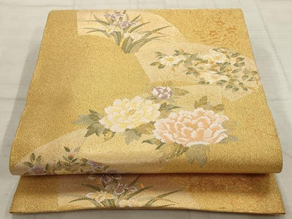 平和屋着物▼六通柄袋帯　琳派扇面牡丹文　金糸　正絹　逸品　AABD2671wj