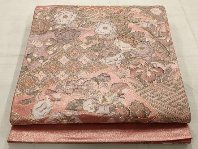 平和屋着物▼袋帯　刺繍　切嵌草花文　金銀糸　正絹　逸品　AABD2686wj