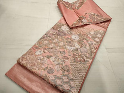 平和屋着物▼袋帯　刺繍　切嵌草花文　金銀糸　正絹　逸品　AABD2686wj