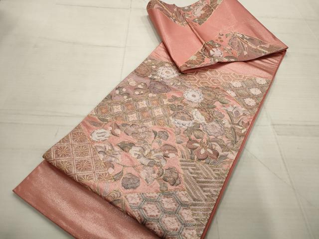 平和屋着物▼袋帯　刺繍　切嵌草花文　金銀糸　正絹　逸品　AABD2686wj