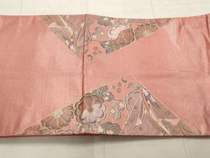 平和屋着物▼袋帯　刺繍　切嵌草花文　金銀糸　正絹　逸品　AABD2686wj
