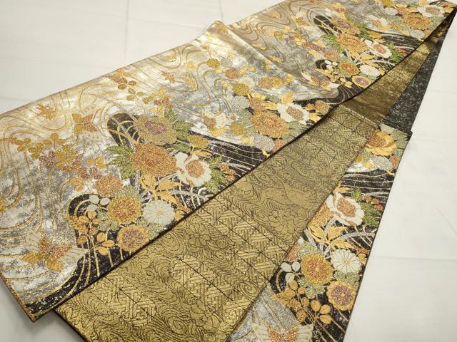平和屋着物▽六通柄袋帯 流水花蝶文 金銀糸 正絹 逸品