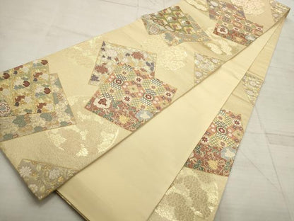 平和屋着物▼六通柄袋帯　唐織　名宝裂　色紙花唐草文　金糸　正絹　逸品　AABD2838wj
