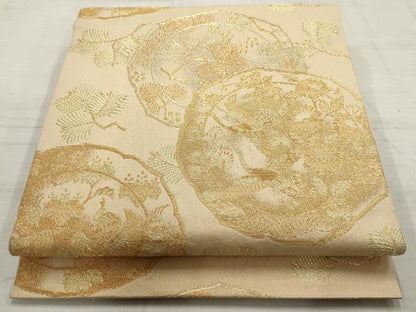 平和屋着物▼六通柄袋帯　花鳥丸文　金糸　正絹　逸品　AABD2843wj