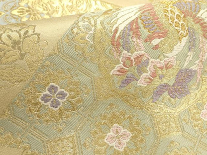 平和屋着物▼六通柄袋帯　唐織　吉祥鳳凰花文　金糸　正絹　逸品　AABD2886wj