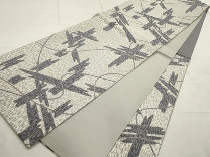平和屋着物▼六通柄袋帯　幾何学文様　銀通し地　正絹　逸品　AABD2908wj
