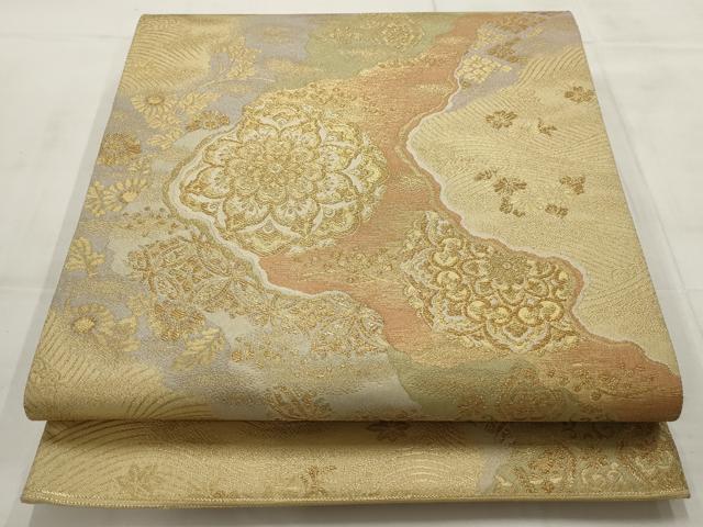 平和屋着物▼六通柄袋帯　数寄屋　道長花文　金糸　正絹　逸品　AABD2918wj