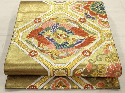 平和屋着物▼六通柄袋帯　唐織　蜀江花鳥文　黒地　金糸　正絹　逸品　AABD2958wj
