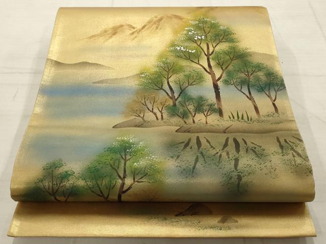 平和屋着物▼太鼓柄袋帯　遠山風景樹林文　金銀彩　引箔　正絹　逸品　AABD2984wj