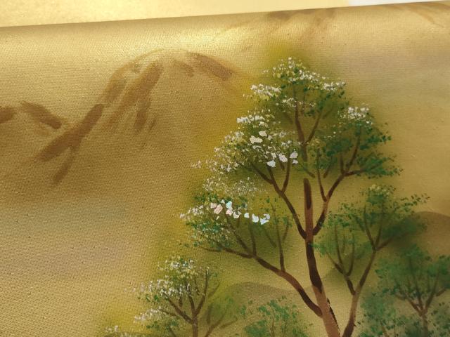 平和屋着物▼太鼓柄袋帯　遠山風景樹林文　金銀彩　引箔　正絹　逸品　AABD2984wj