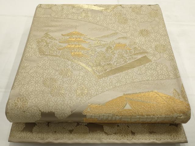 平和屋着物▼六通柄袋帯　地紙風景花文　金糸　正絹　逸品　AABD3085wj