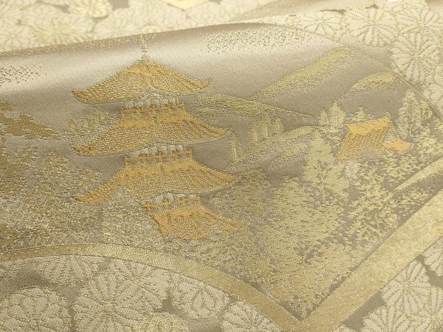 平和屋着物▼六通柄袋帯　地紙風景花文　金糸　正絹　逸品　AABD3085wj