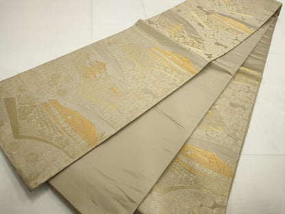 平和屋着物▼六通柄袋帯　地紙風景花文　金糸　正絹　逸品　AABD3085wj