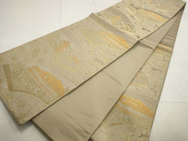 平和屋着物▼六通柄袋帯　地紙風景花文　金糸　正絹　逸品　AABD3085wj