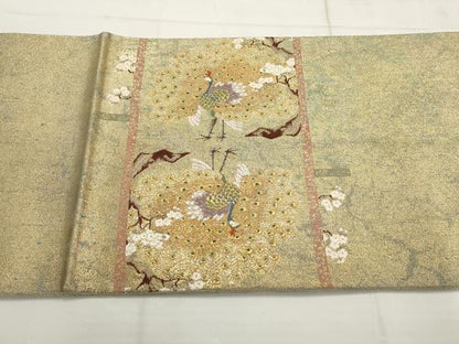 平和屋着物▼太鼓柄袋帯　唐織　孔雀花文　金糸　正絹　逸品　AABD3122wj
