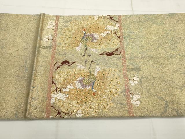 平和屋着物▼太鼓柄袋帯　唐織　孔雀花文　金糸　正絹　逸品　AABD3122wj