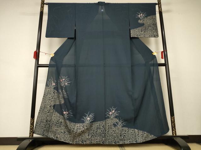 平和屋着物＊夏物 訪問着 縦絽 刺繍 草花文 銀糸 銀彩 正絹 逸品 AABD3294jd