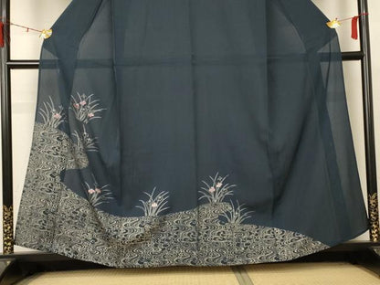 平和屋着物＊夏物 訪問着 縦絽 刺繍 草花文 銀糸 銀彩 正絹 逸品 AABD3294jd