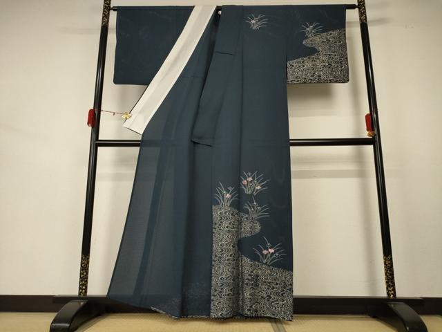 平和屋着物＊夏物 訪問着 縦絽 刺繍 草花文 銀糸 銀彩 正絹 逸品 AABD3294jd