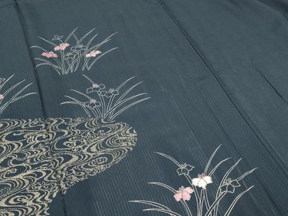平和屋着物＊夏物 訪問着 縦絽 刺繍 草花文 銀糸 銀彩 正絹 逸品 AABD3294jd