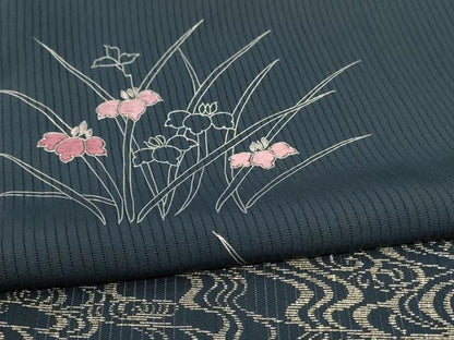 平和屋着物＊夏物 訪問着 縦絽 刺繍 草花文 銀糸 銀彩 正絹 逸品 AABD3294jd