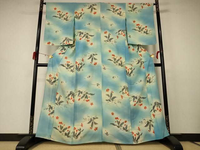 平和屋着物＊夏物 小紋 絽 手描き 草花文 暈し染め 正絹 逸品 AABD3297jd