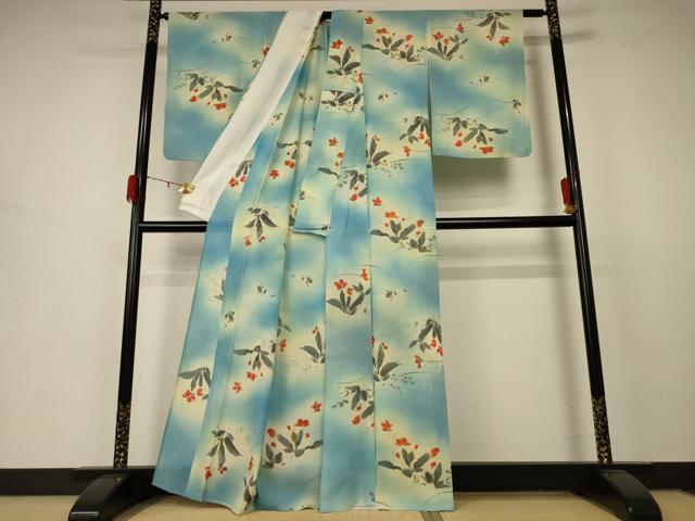 平和屋着物＊夏物 小紋 絽 手描き 草花文 暈し染め 正絹 逸品 AABD3297jd