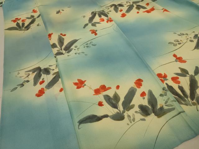 平和屋着物＊夏物 小紋 絽 手描き 草花文 暈し染め 正絹 逸品 AABD3297jd