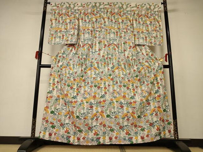 平和屋着物＊夏物 小紋 絽 型染め 花鳥文 正絹 逸品 AABD3308jd