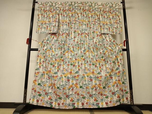 平和屋着物＊夏物 小紋 絽 型染め 花鳥文 正絹 逸品 AABD3308jd
