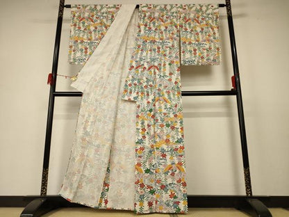 平和屋着物＊夏物 小紋 絽 型染め 花鳥文 正絹 逸品 AABD3308jd