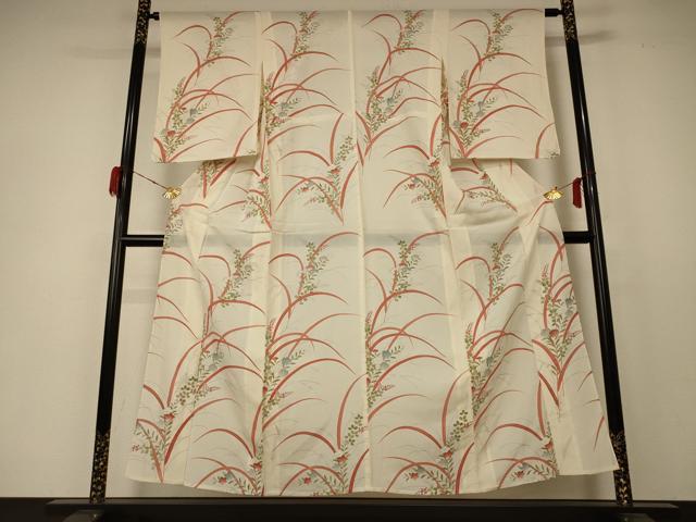 平和屋着物＊夏物 小紋 絽 手描き 草花文 銀彩 正絹 逸品 AABD3311jd