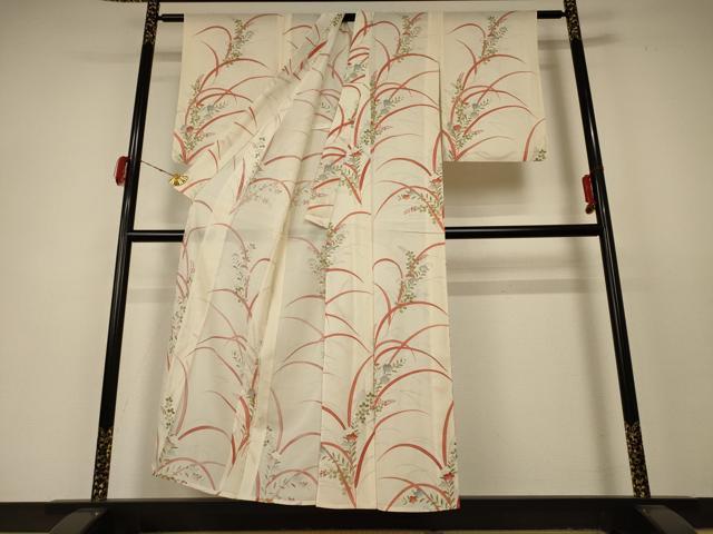 平和屋着物＊夏物 小紋 絽 手描き 草花文 銀彩 正絹 逸品 AABD3311jd